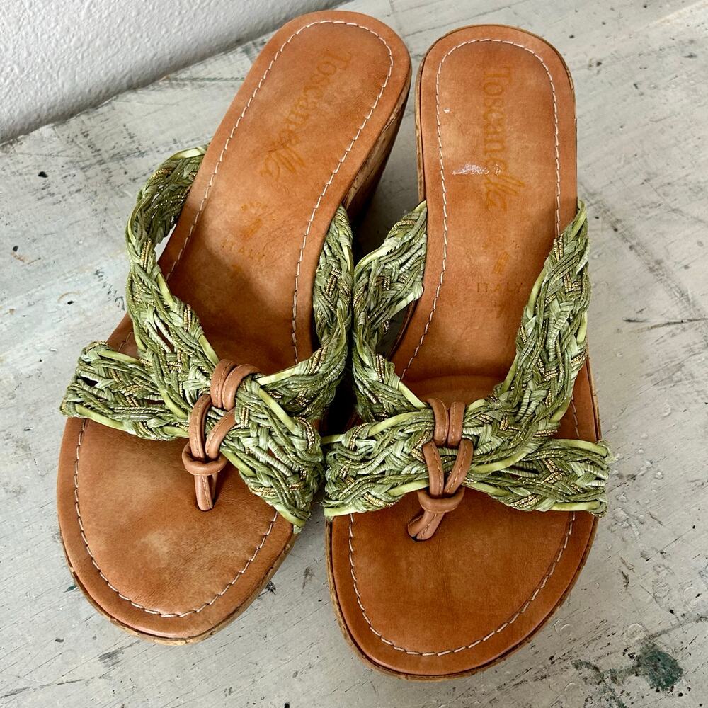 Toscanella leather and fabric platform cork flip flops made in Italy boho sage 7 - Picture 7 of 13